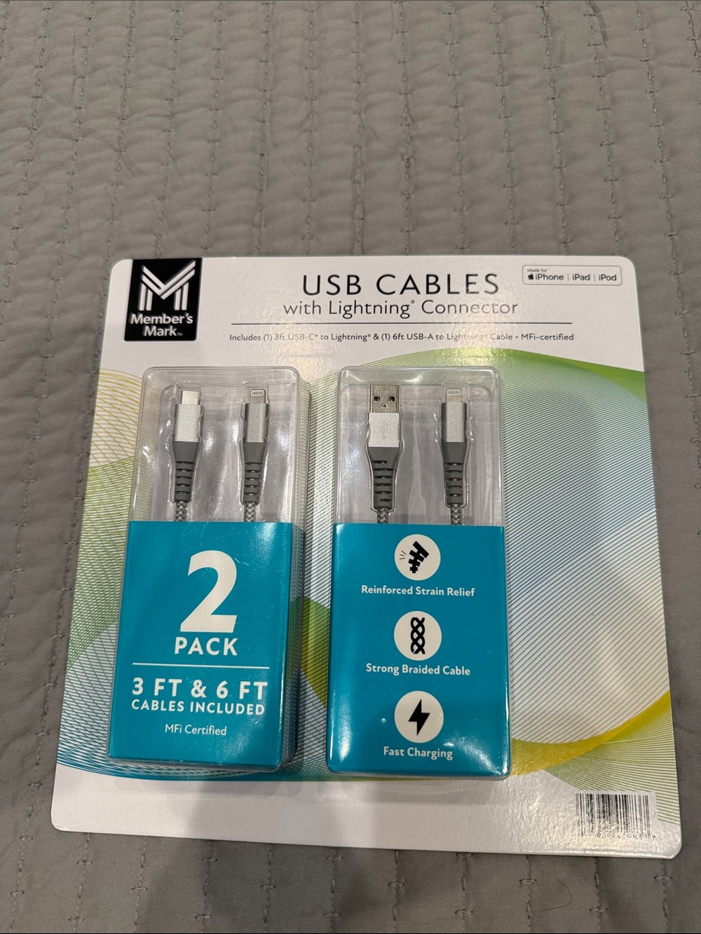Member's Mark 2-Pack Lightning USB Cables - Gray Braided